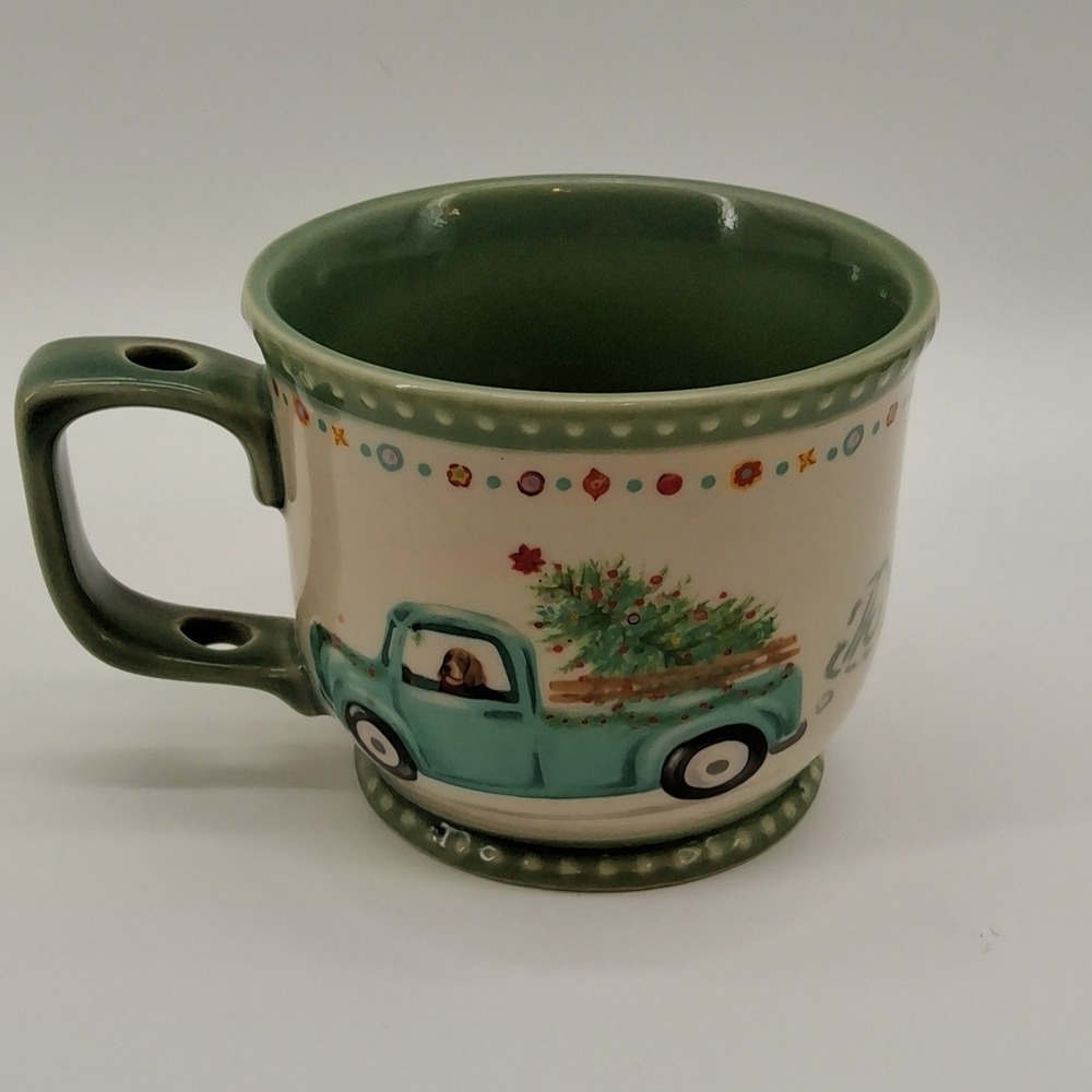 Pioneer Woman Dog Driving Truck W/Tree Holiday Christmas Coffee Mug Green